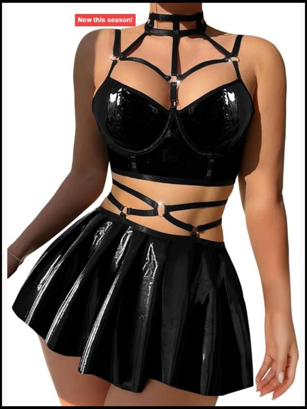 3pc Exotic Lingerie Set with Thong, PU Underwire Bodysuit, Rave Outfit